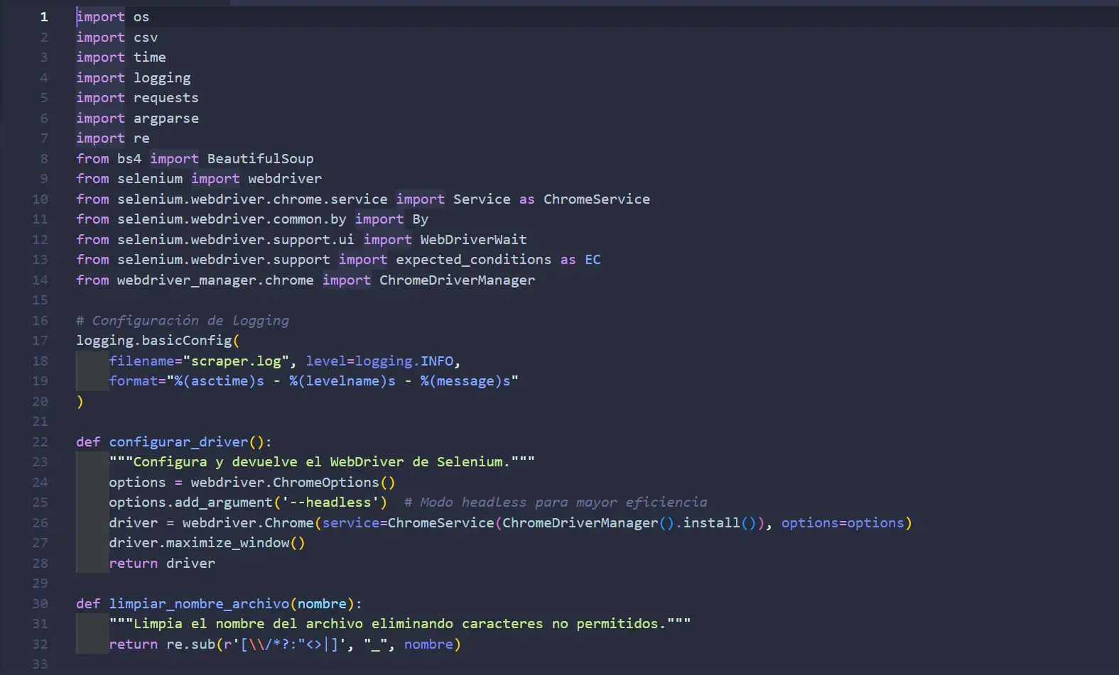 Código del scraper de productos